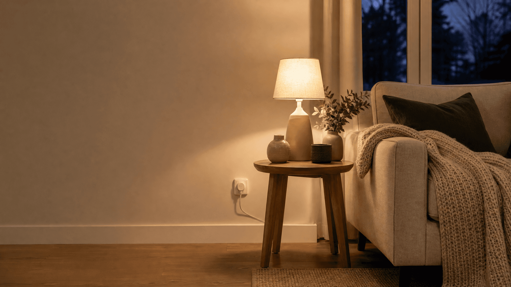 A warm living room at dusk with a lit lamp, a knitted throw and a plug-in smart socket on the wall