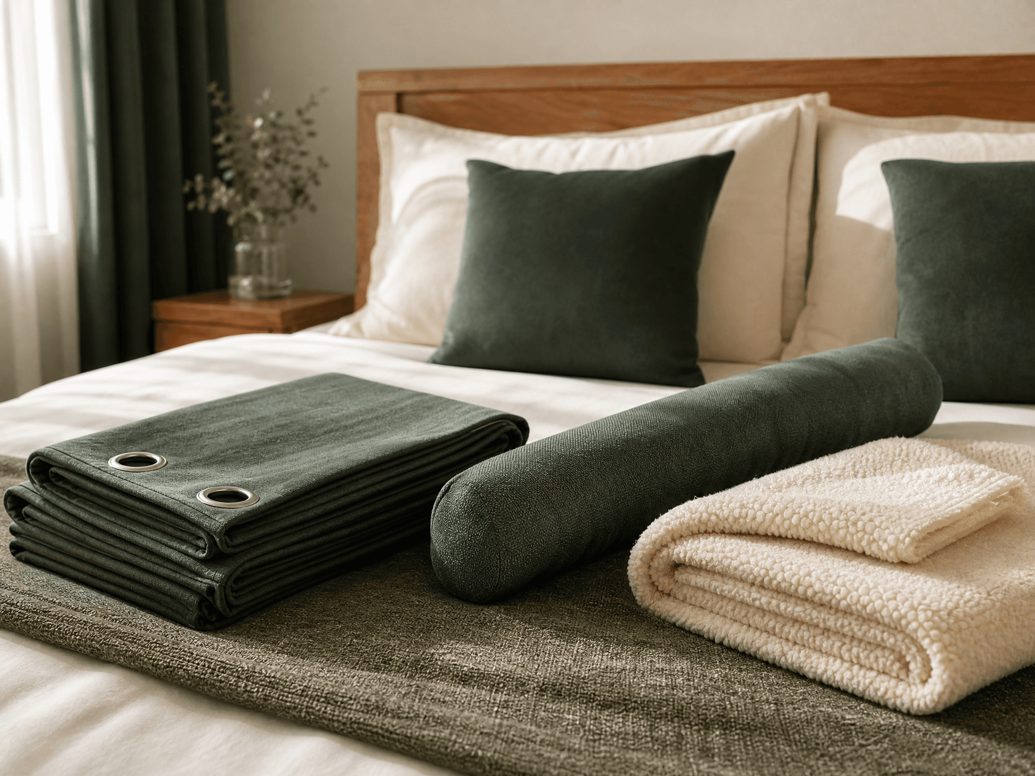Bedroom Warmth Kit — 1 x thermal curtain, Door-bottom draught excluder, Warm throw