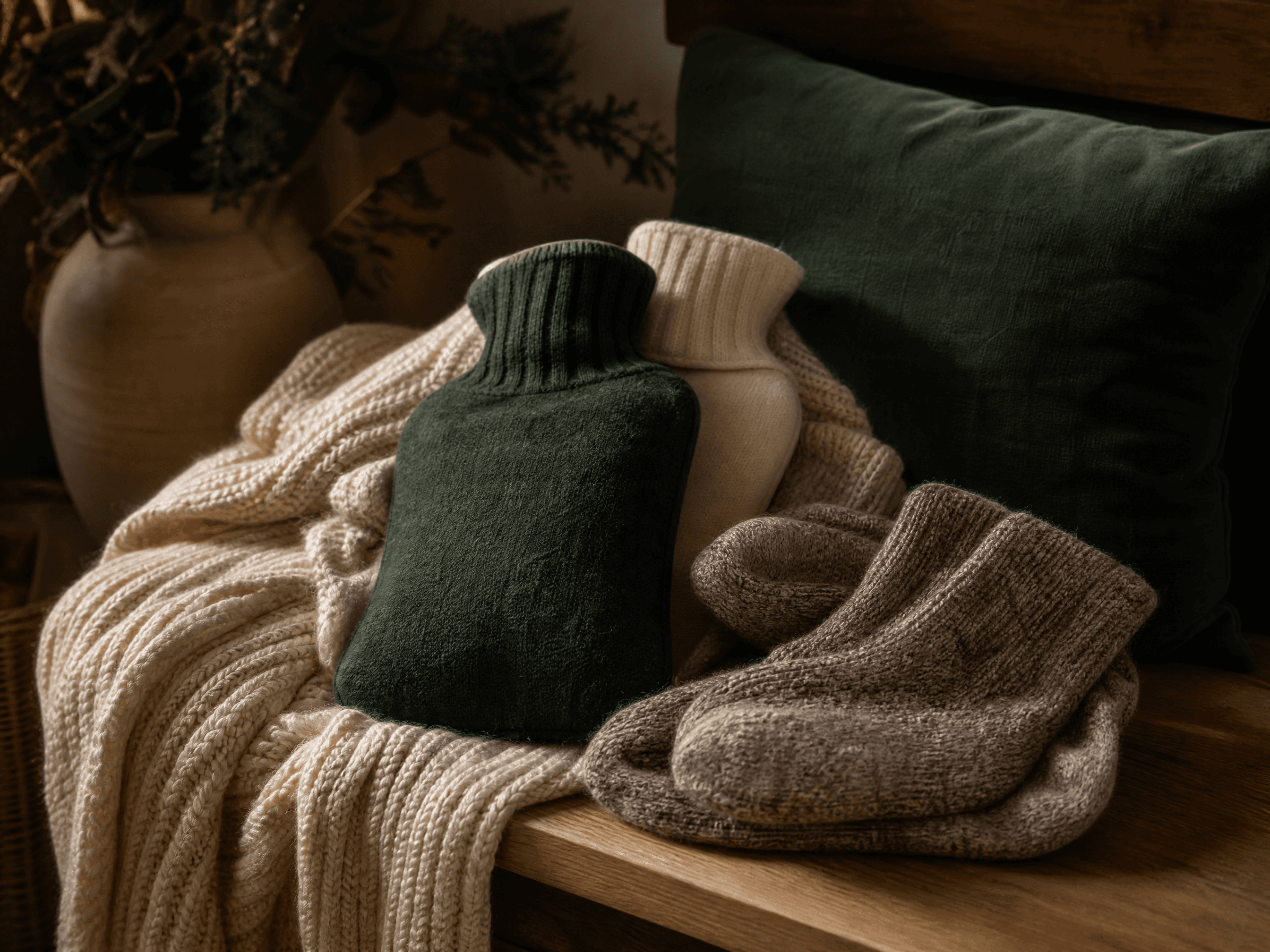 Cosy No-Heat Bundle — Heavyweight warm throw, 2 x soft hot water bottles, Chunky wool socks