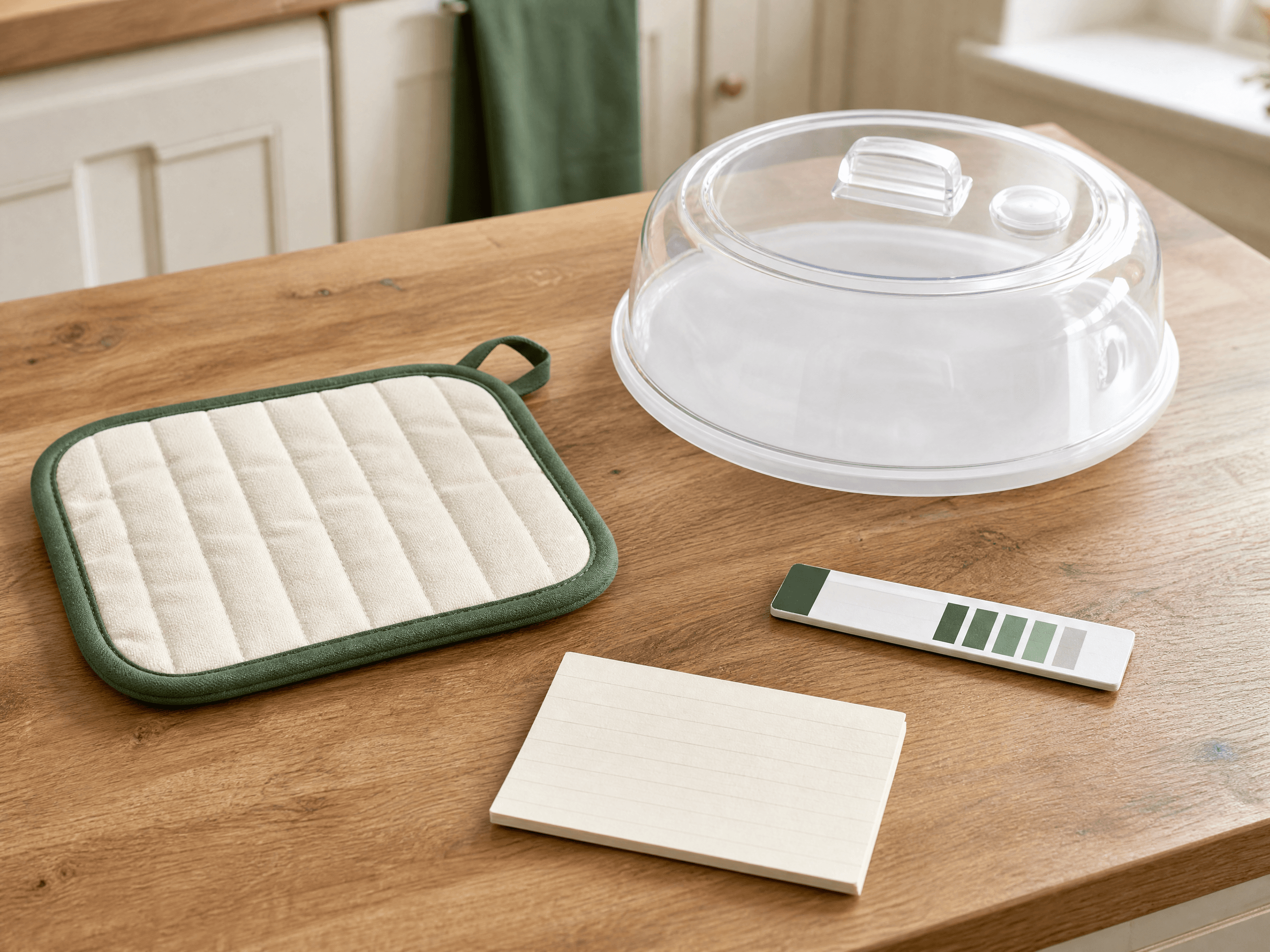 Kitchen Energy Kit — Insulated pot pad, Microwave food cover, Fridge seal test card, Energy prompt card
