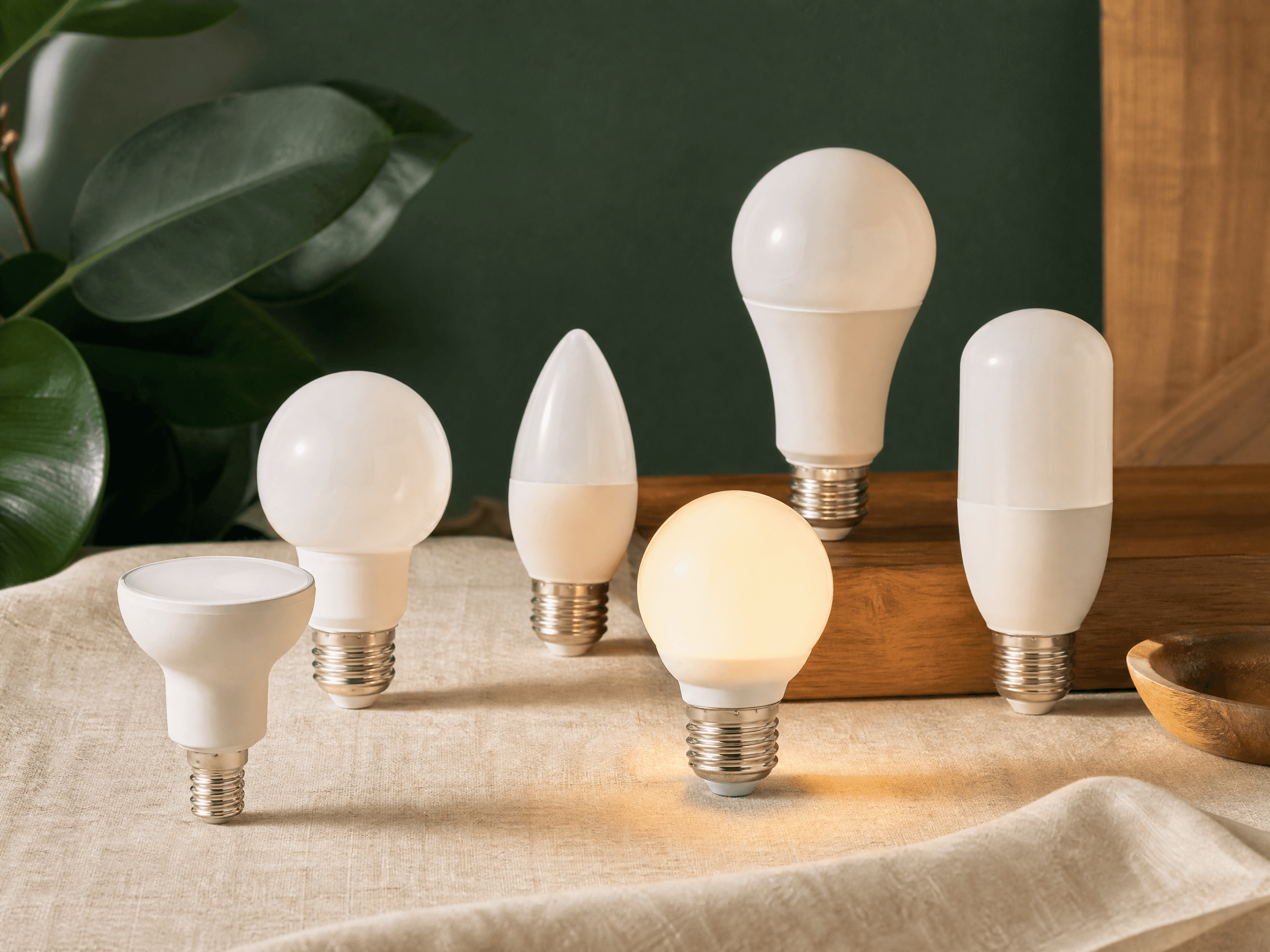Bright & Low LED Set — 6 x warm-white LED bulbs (assorted fittings), Efficiency comparison card