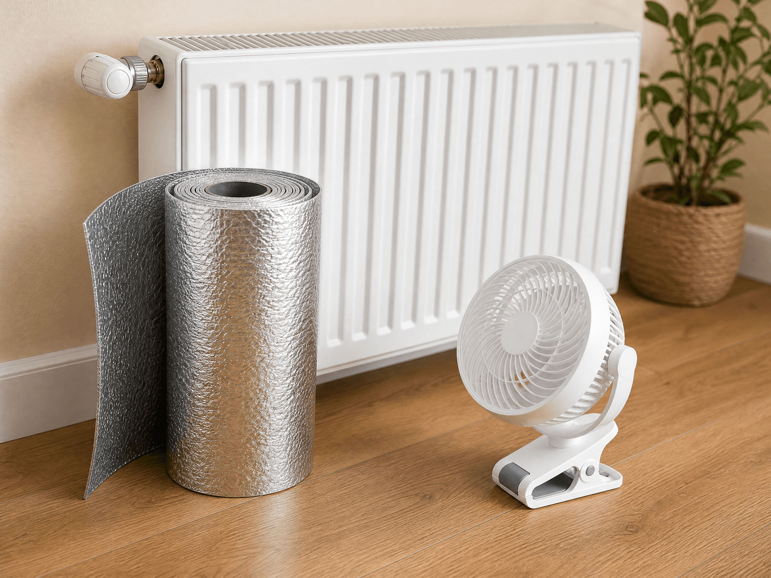 Radiator Boost Pack — Radiator reflector foil roll, 1 x circulation fan, Mounting clips
