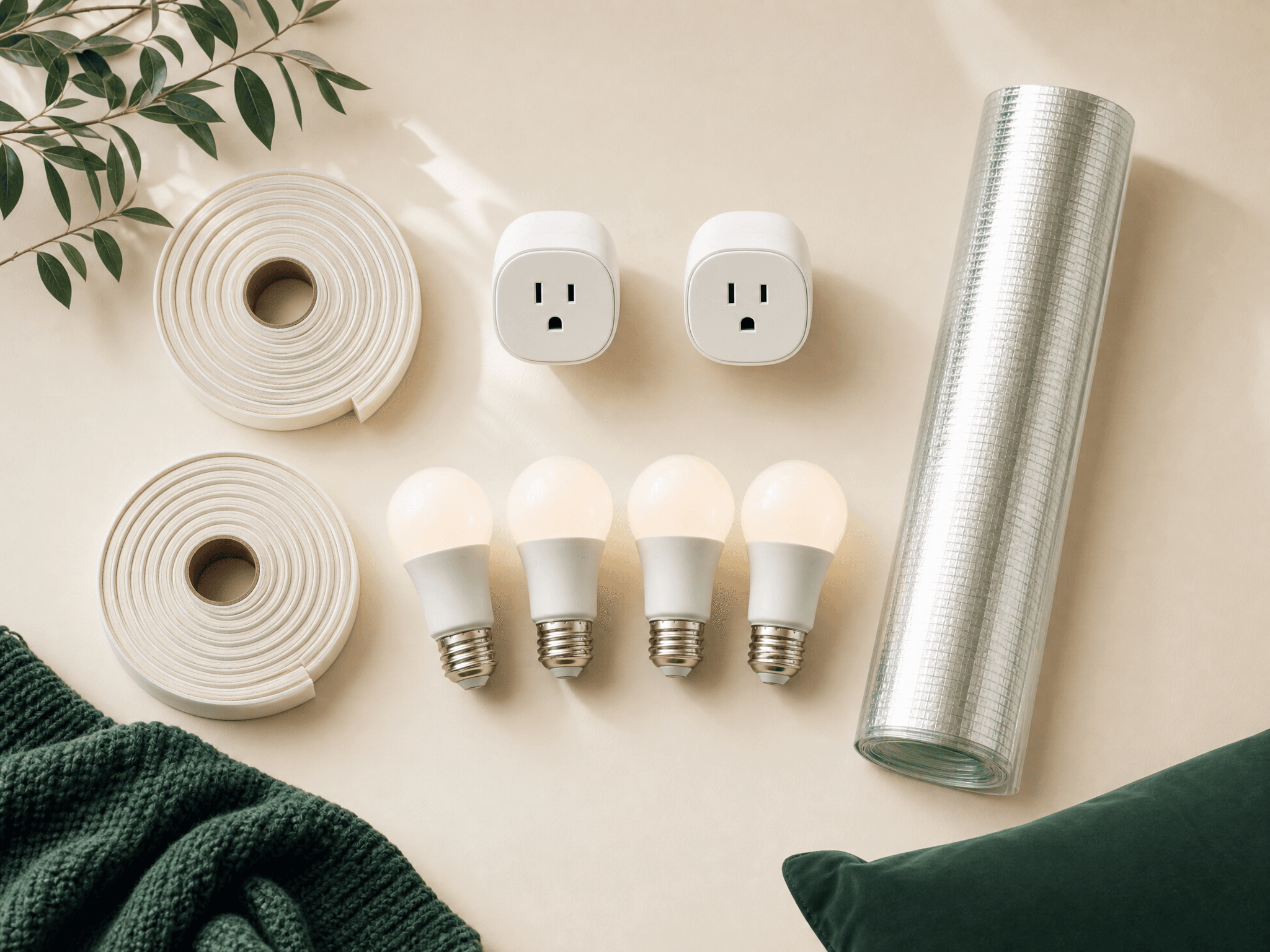 Rental-Safe Save Set — No-drill adhesive seal rolls, 2 x smart plugs, 4 x LED bulbs, Thermal window film