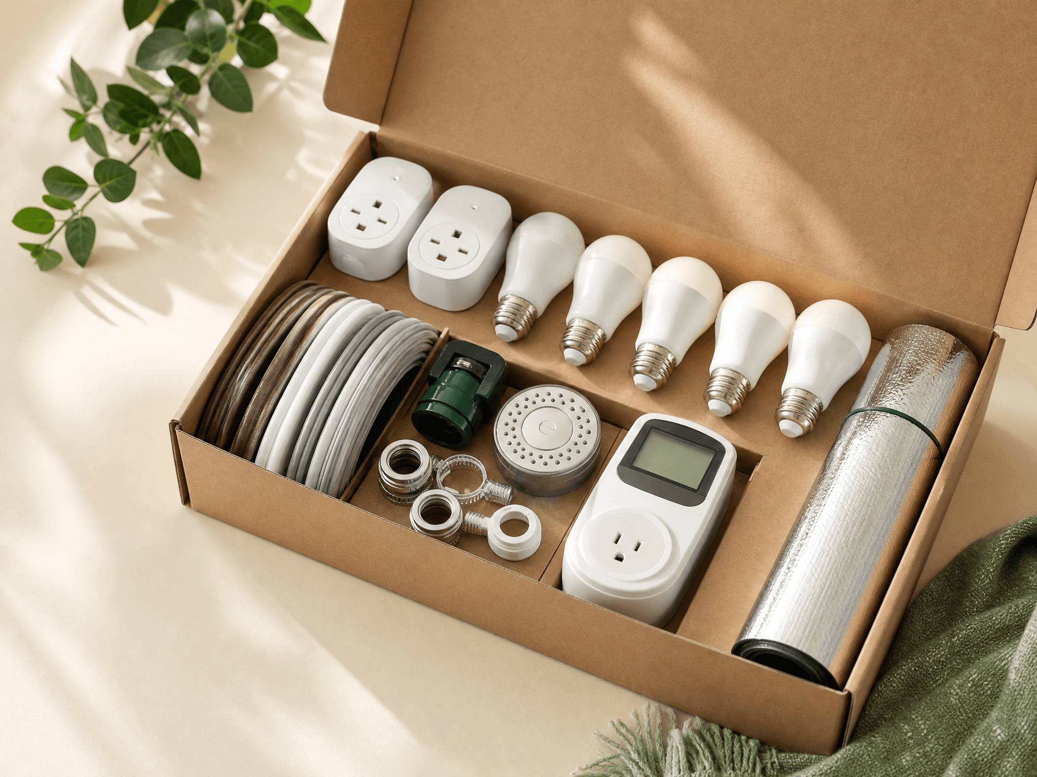 Whole-Home Saver Box — 3 x smart plugs, 6 x LED bulbs, Seal strip set, Water-saver set, Power monitor plug, Thermal window film