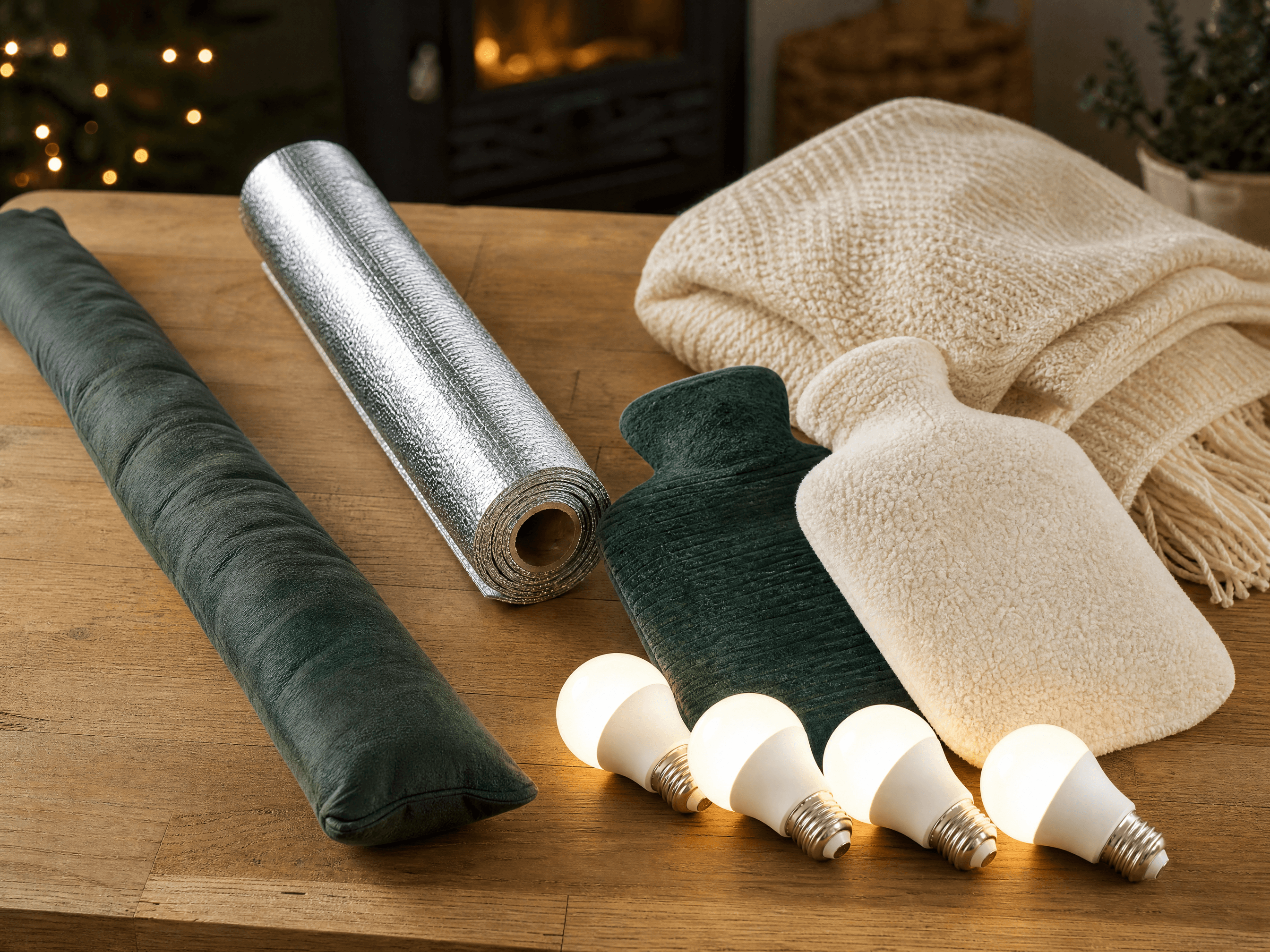 Winter Ready Bundle — Draught excluder, Radiator reflector foil, 2 x hot water bottles, Warm throw, 4 x LED bulbs
