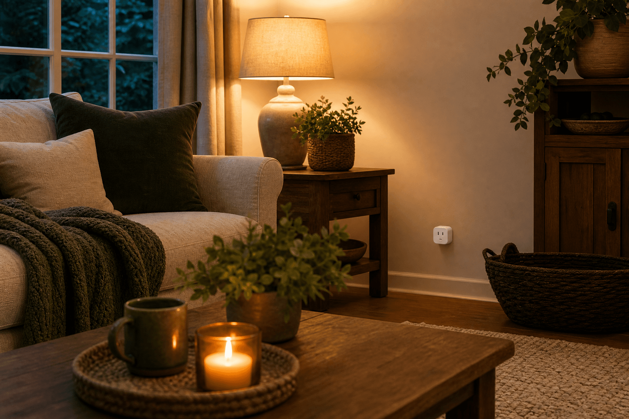 A warm cosy living room in soft evening light