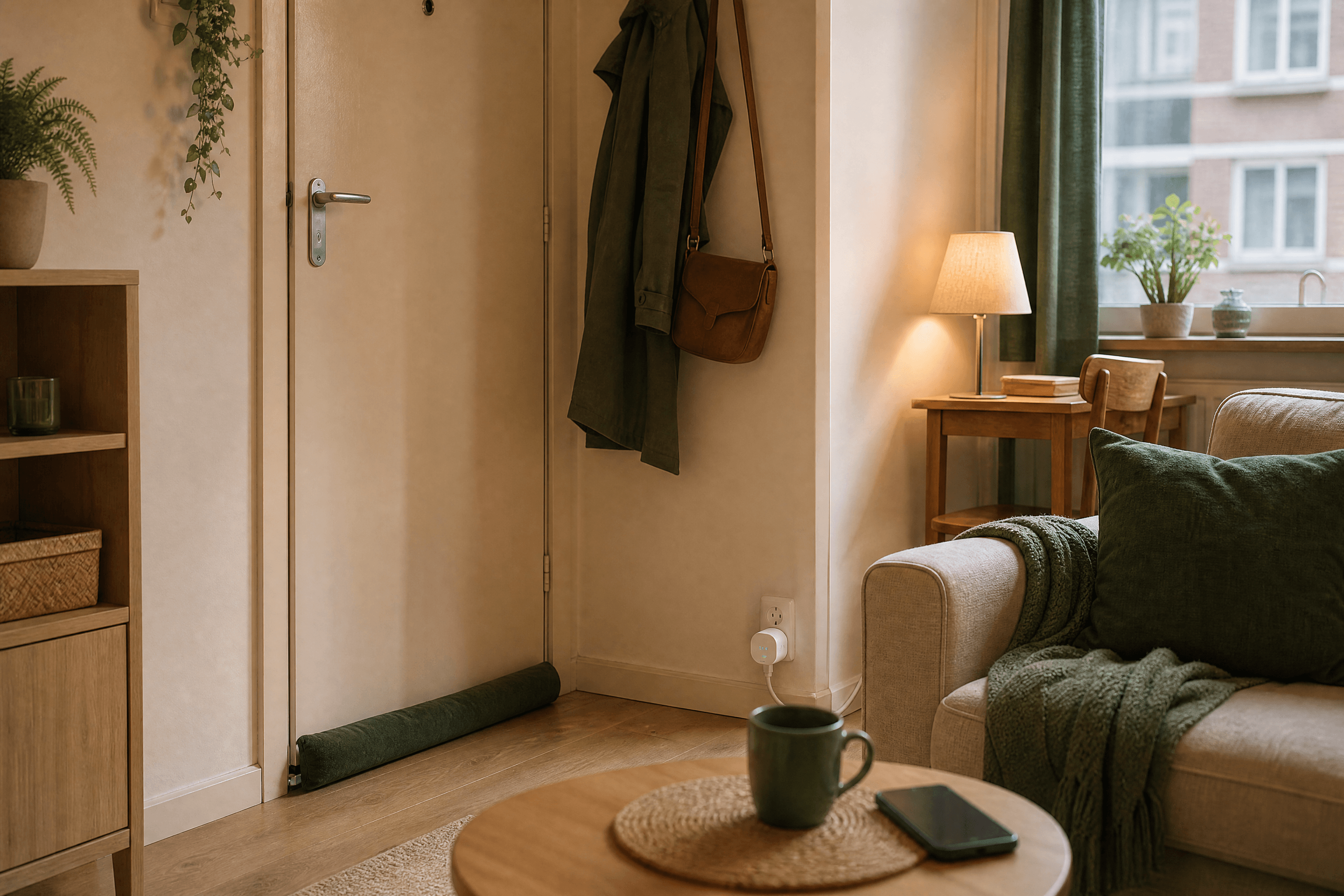 A tidy rented flat with no-damage energy fixes at the door and a plug-in smart socket